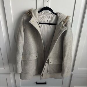 J. Crew Light Gray Hooded Coat with Faux Fur